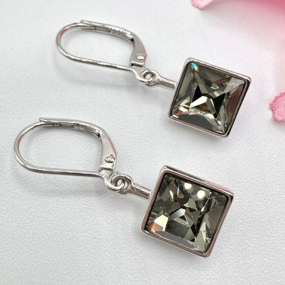 Touchstone Crystal By Swarovski Smokey Silver Tone Leverback Earrings Sparkly - Picture 1 of 14